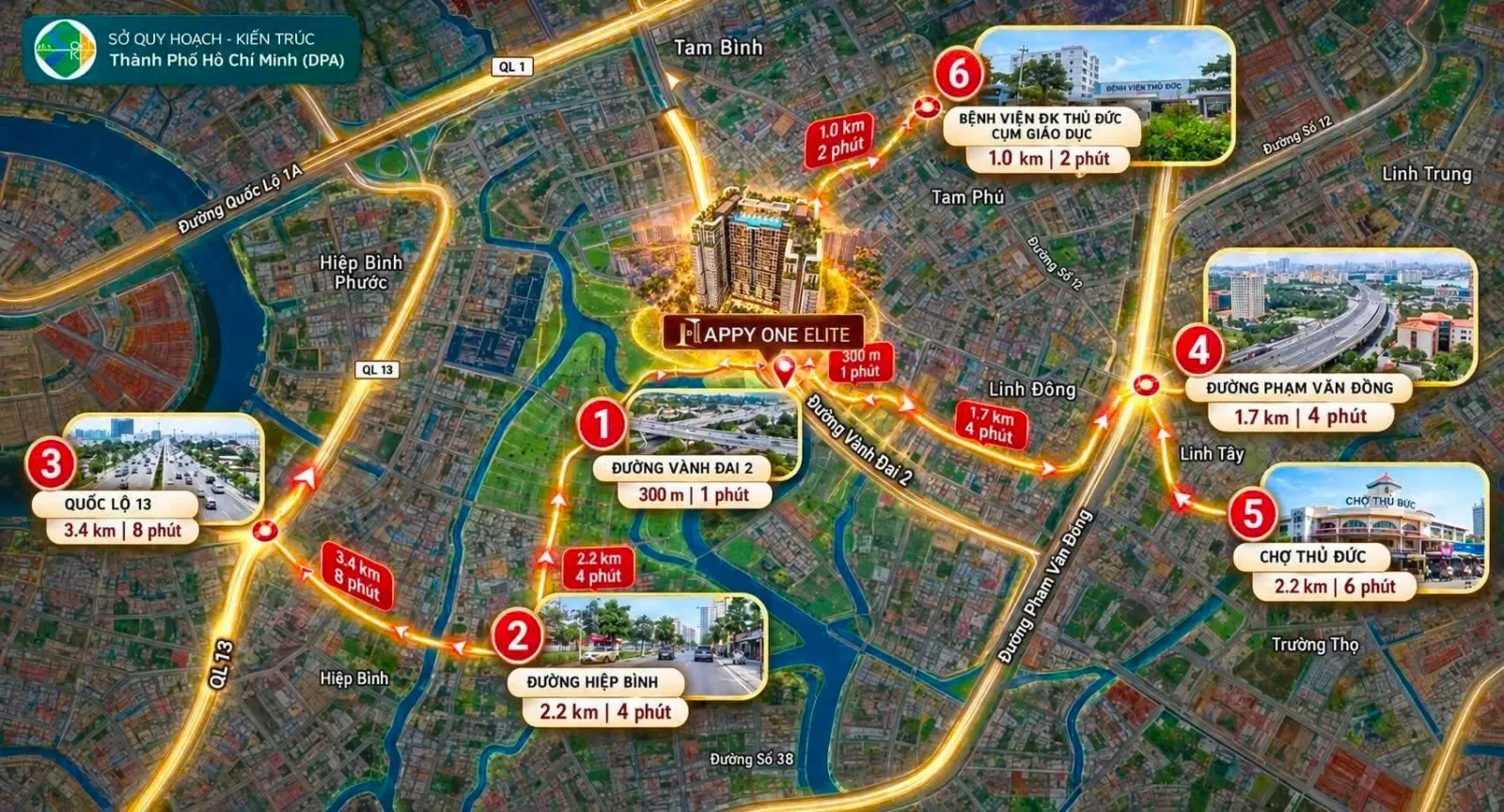 Bản đồ kết nối Happy One Elite: Vành đai 2, Phạm Văn Đồng, Hiệp Bình, Quốc lộ 13, Chợ Thủ Đức, Bệnh viện Đa khoa Thủ Đức