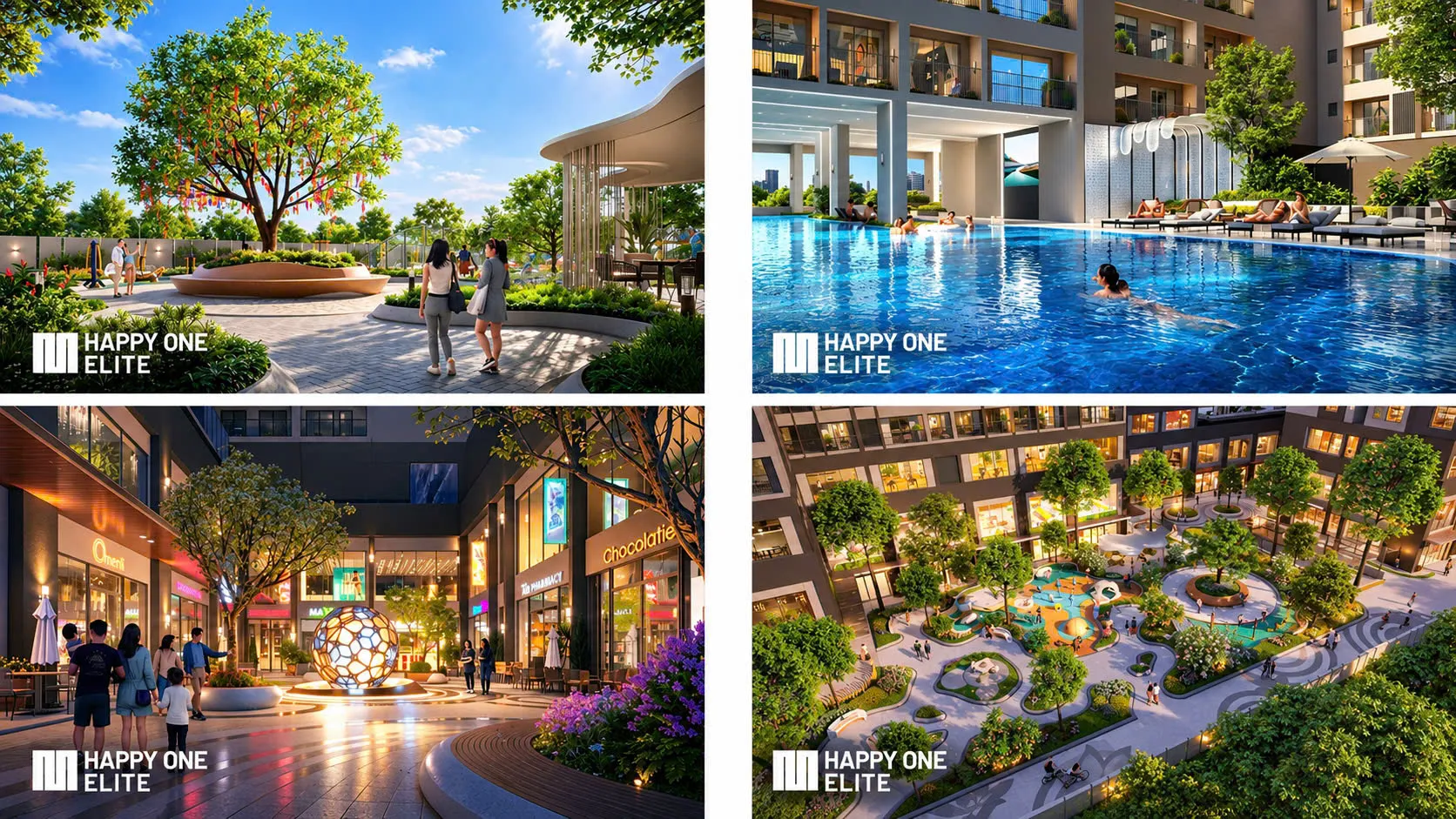 Tiện ích nội khu Happy One Elite: vườn, hồ bơi, phố mua sắm, sân chơi